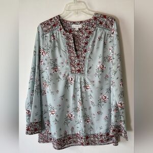 Weekend by Suzanne Betro Sz L Floral Tunic Blouse/Vneck/Long Sleeve/Boho